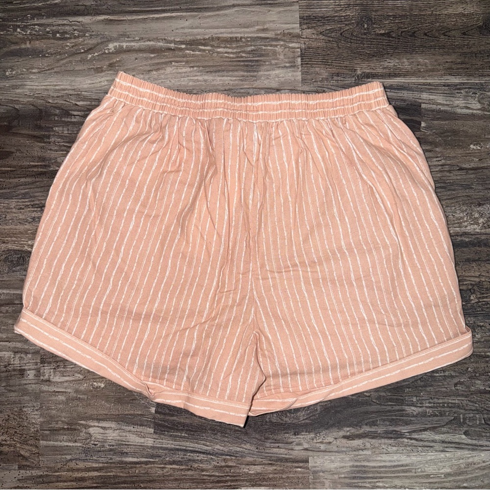 Sienna Sky Blush Pink White Striped Paperbag Tie Waist High-Rise Cotton Shorts - Picture 2 of 7